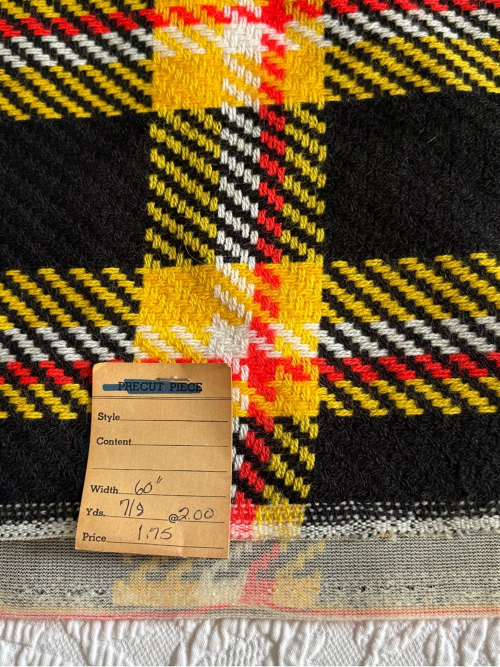 Vintage 70s fabric woven yarn 58” x 34” bold yellow black unique plaid